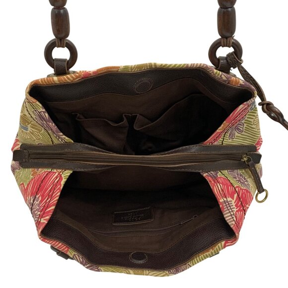 FOSSIL Floral Canvas Shoulder Bag w/ Leather Wood Trim Three Compartments - Picture 9 of 9
